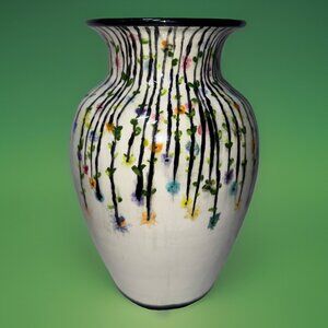 Whimsical Cottage Signed Ceramic Floral Vase Black Trim Colorful Vines  8.5”